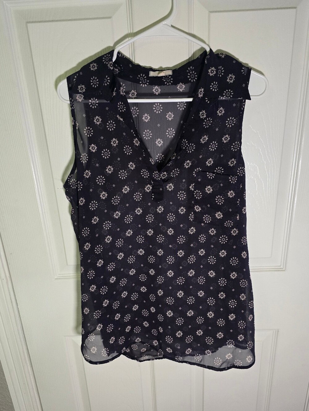 Pleione Womens Blue Sheer Sleeveless Floral Collared Blouse Large